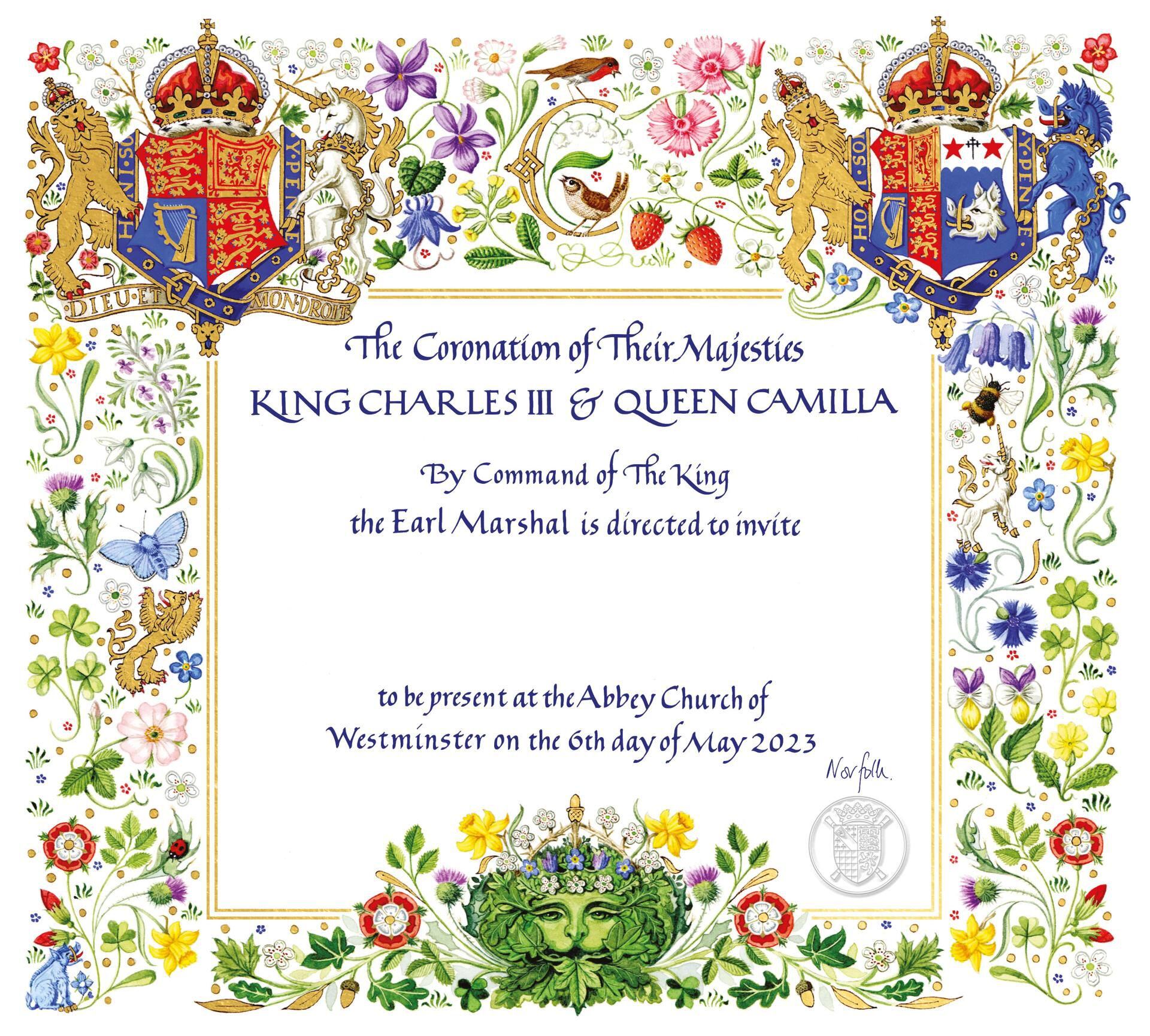 La invitación oficial para la coronación de los reyes Carlos III y Camila. (EFE).