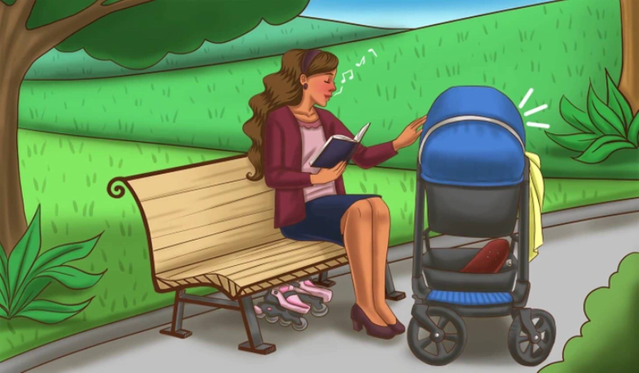 RETO VISUAL | Esta imagen te muestra a una mujer sentada en la banca de un parque, muy cerca del coche de su bebé. ¿Cuántos hijos tiene ella? (Foto: genial.guru)