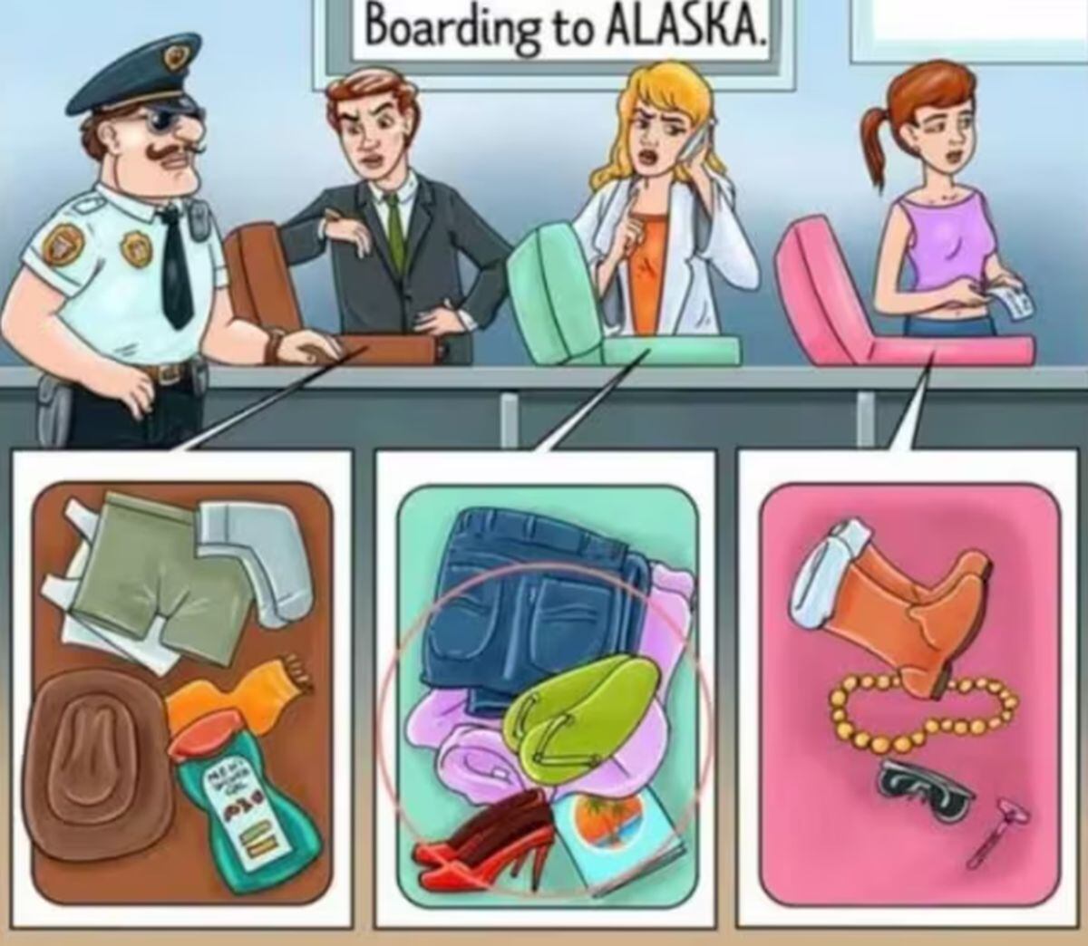 ACERTIJO VISUAL | Aquí te dejo la respuesta a este reto: la mujer en el centro de la fila de control de seguridad del aeropuerto es el pasajero sospechoso. (Foto: brightside)